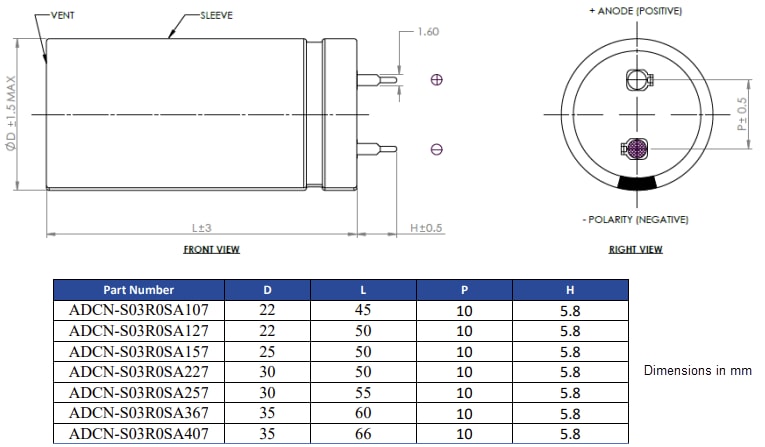Mechanical Drawing - Abracon ADCN-S03R0S High-Voltage Snap-in Supercapacitors